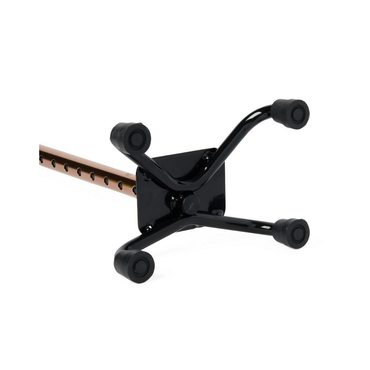 A close-up of the Medline Quad Canes with Small Base shows skid-resistant rubber tips on its four legs and a metal shaft with adjustment holes, providing customizable weight-bearing support and enhanced stability.