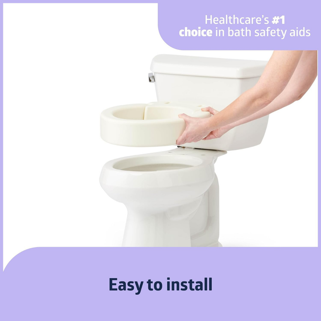 A person installs a Medline 3.5 Raised Hinged Bariatric Toilet Seat onto a standard toilet. Text reads, Healthcare’s #1 choice in bath safety aids and easy to install—ideal for added accessibility and limited mobility.