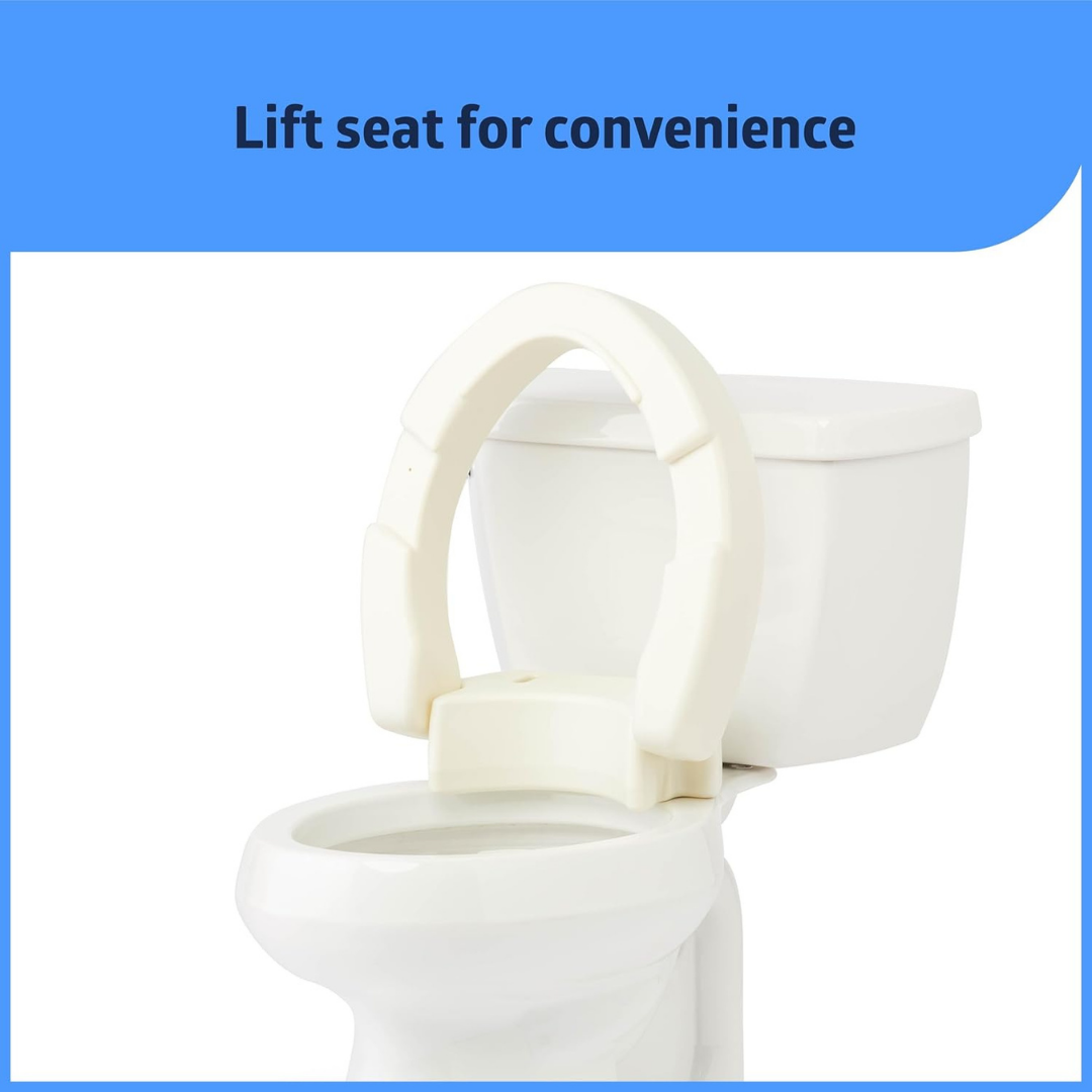 A Medline 3.5 Raised Hinged Bariatric Toilet Seat provides accessibility with a raised, hinged attachment for easy lifting. Blue background above displays the text: “Lift seat for convenience.”.