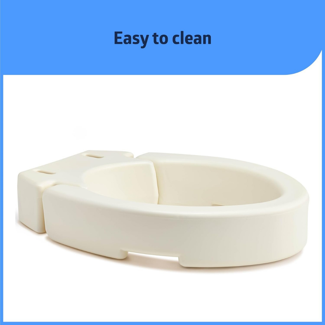 A Medline 3.5 Raised Hinged Bariatric Toilet Seat is pictured on a white background with “Easy to clean” in bold blue font, designed for accessibility and users with limited mobility.