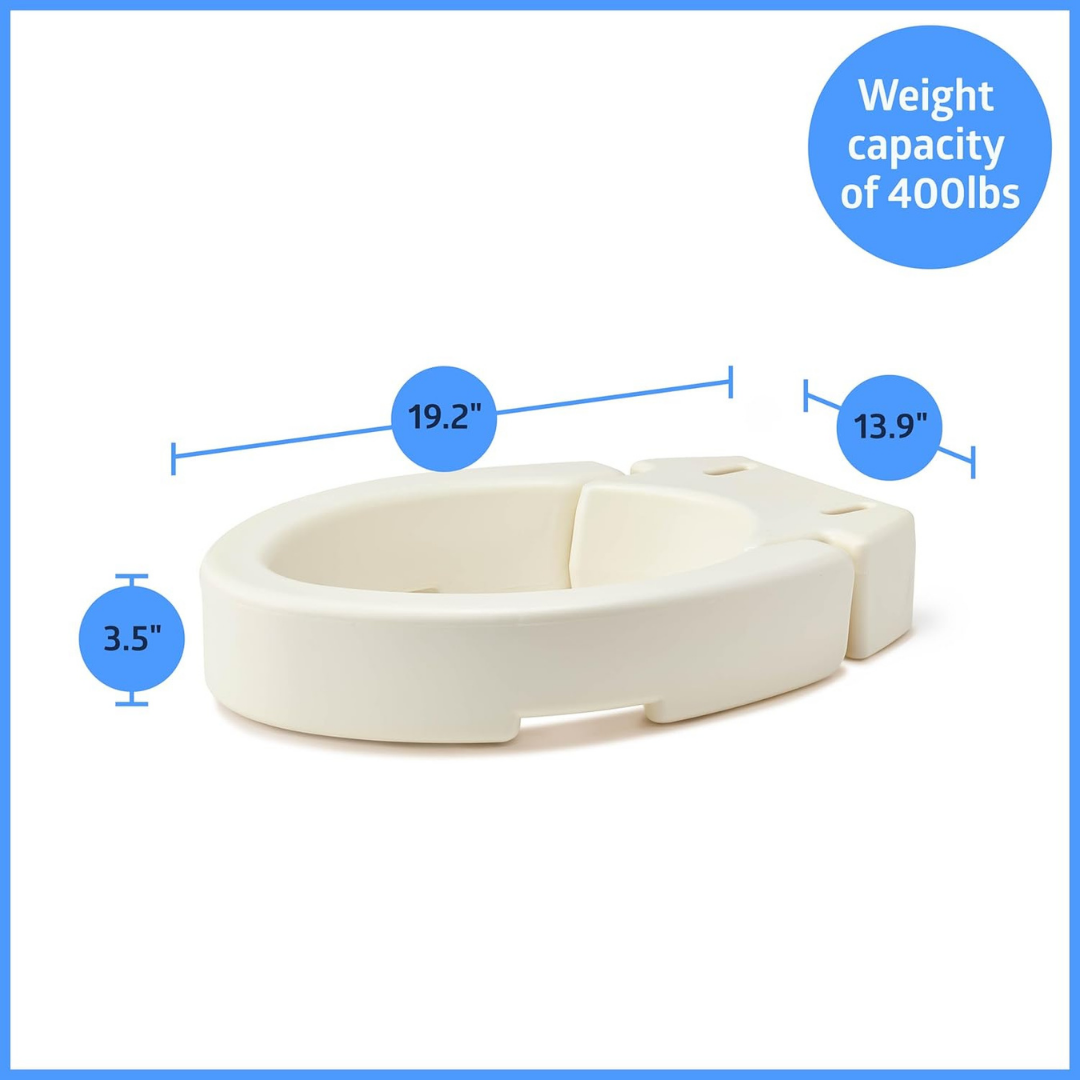 Medline 3.5 Raised Hinged Bariatric Toilet Seat, 19.2 L x 13.9 W x 3.5 H, supports up to 400 lbs—ideal for accessibility and users with limited mobility.