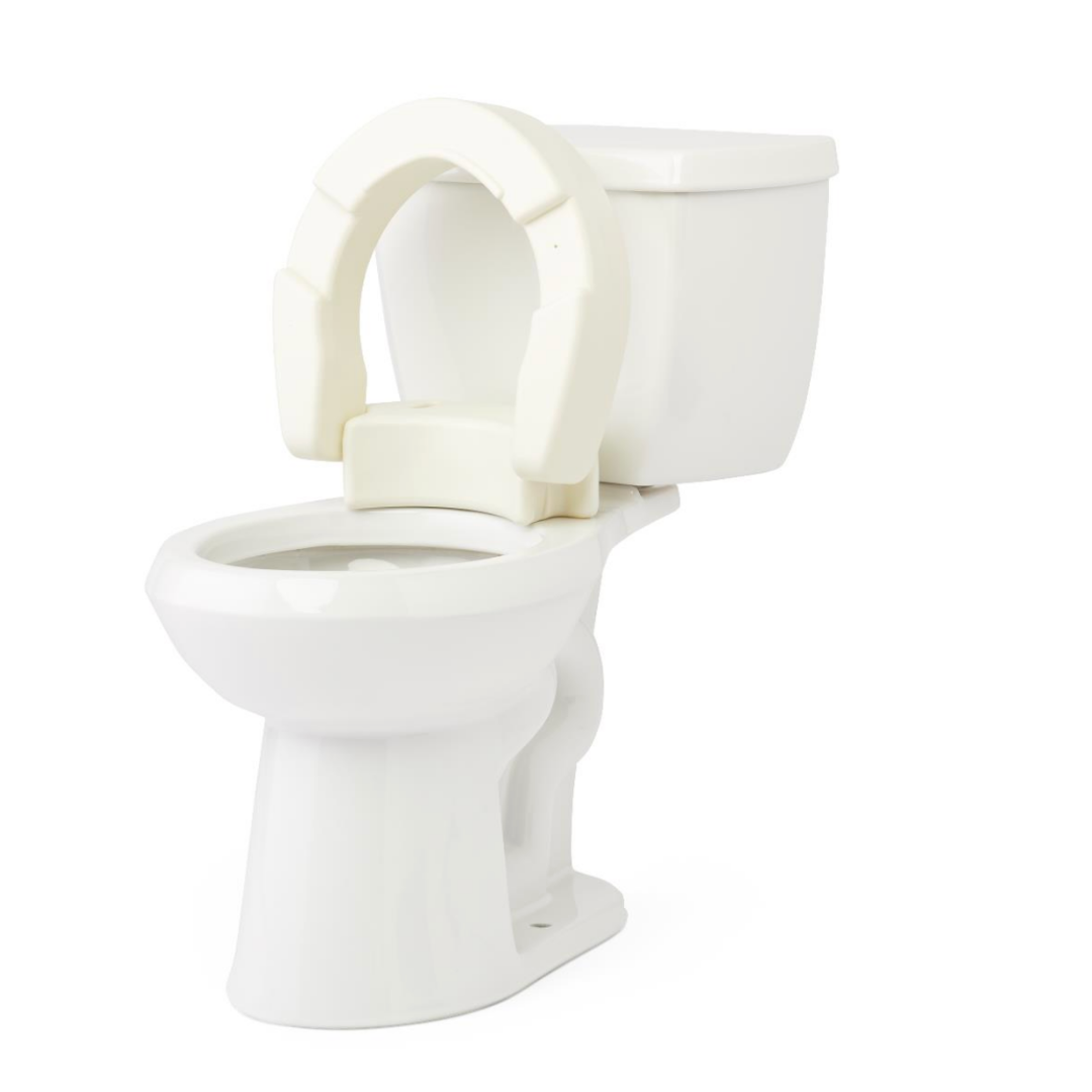 The Medline 3.5 Raised Hinged Bariatric Toilet Seat is a white seat riser designed for accessibility, making it easier for young children or individuals with limited mobility to use the toilet. The background is plain white.