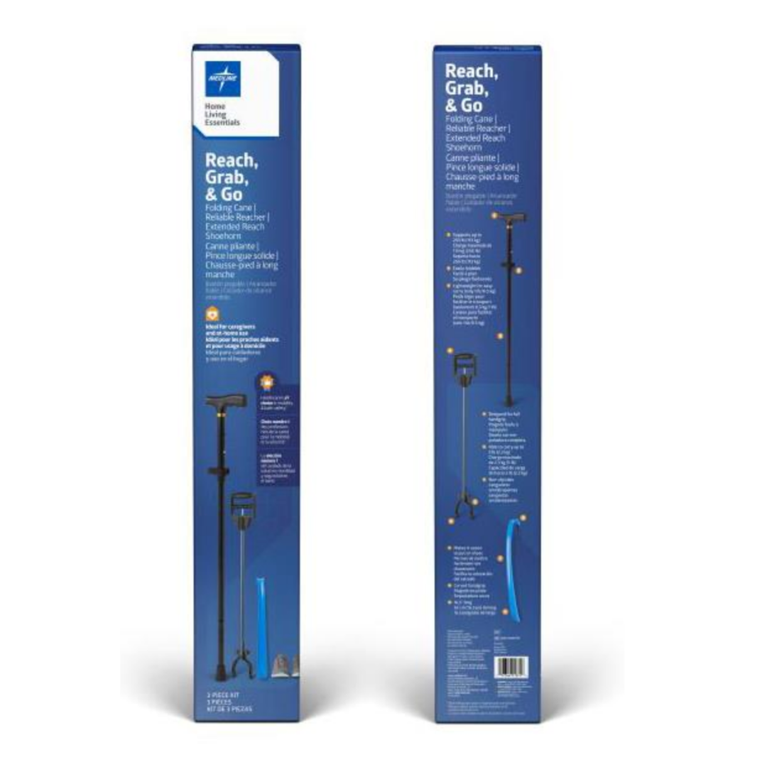 Two blue boxes stand upright, displaying Medlines Reach, Grab and Go Kit for Caregivers. The packaging features images, instructions, and details in English and French on a blue background to highlight this essential mobility aid.