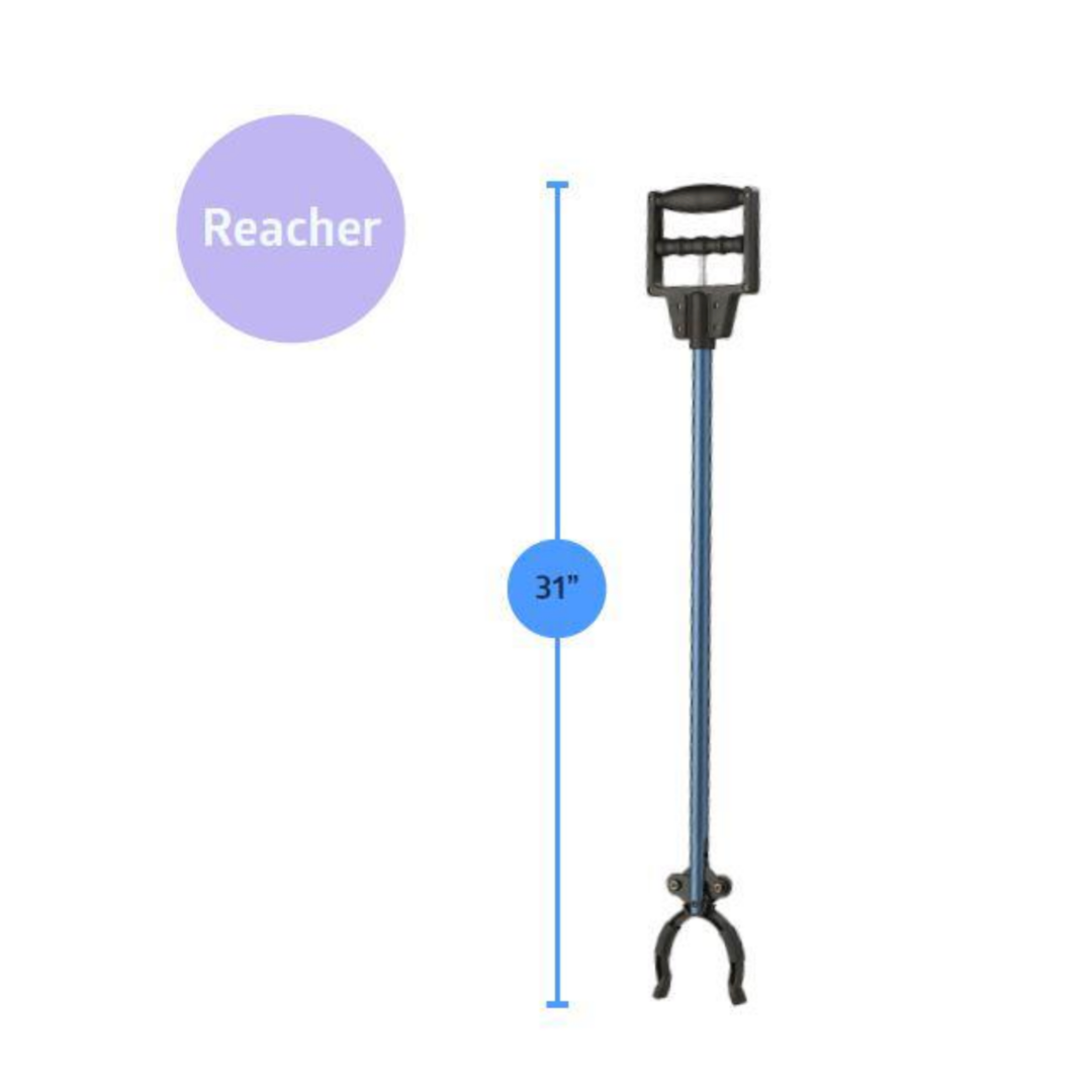 The Medline Reach, Grab and Go Kit for Caregivers is a 31-inch ergonomic reacher with a top handle and bottom claw grip, shown vertically on a white background with labeled measurements—ideal for mobility support.
