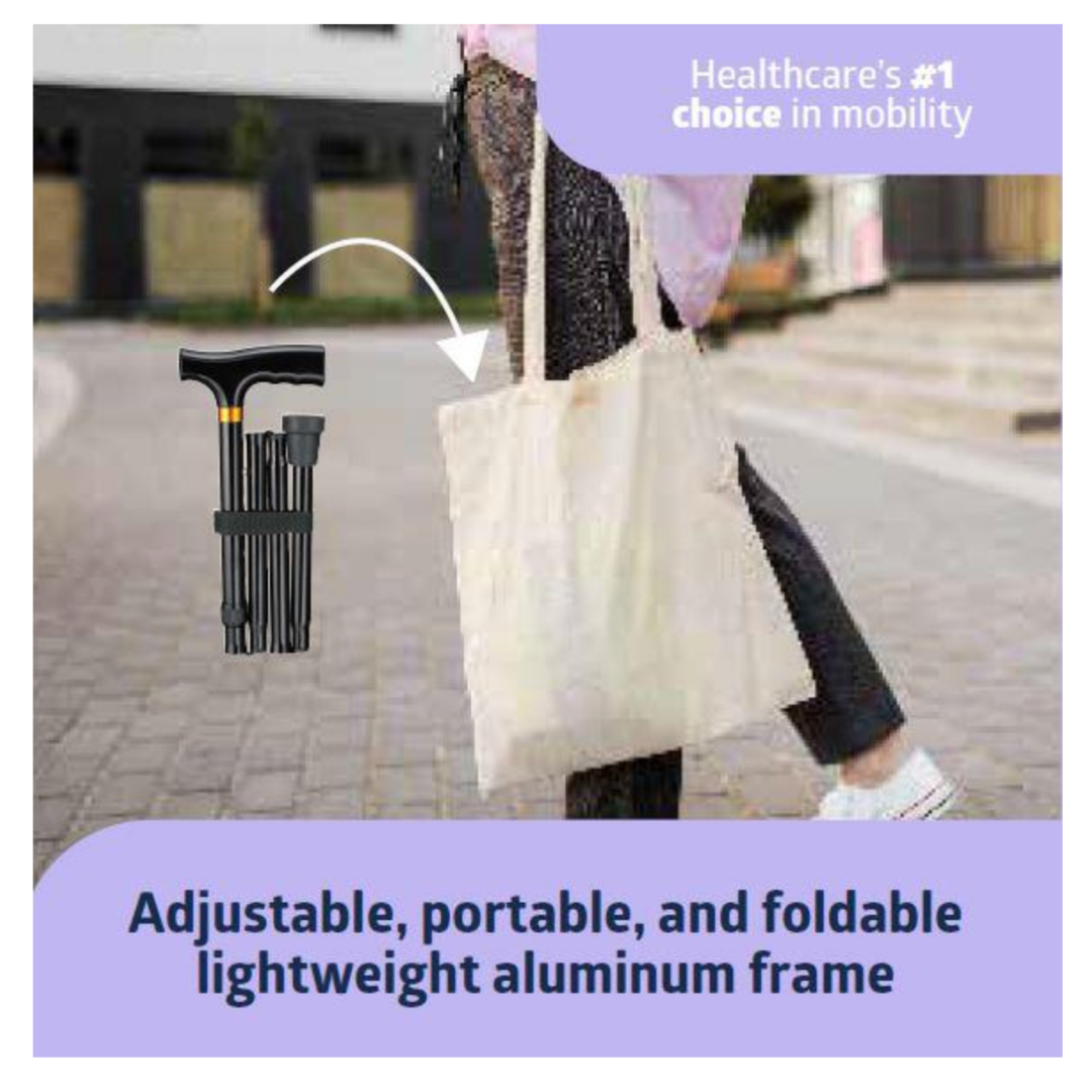 Carrying the Medline Reach, Grab and Go Kit for Caregivers, a person highlights its adjustable, portable cane with a lightweight aluminum frame—perfectly complemented by included essentials like an ergonomic reacher and long-handled shoehorn.