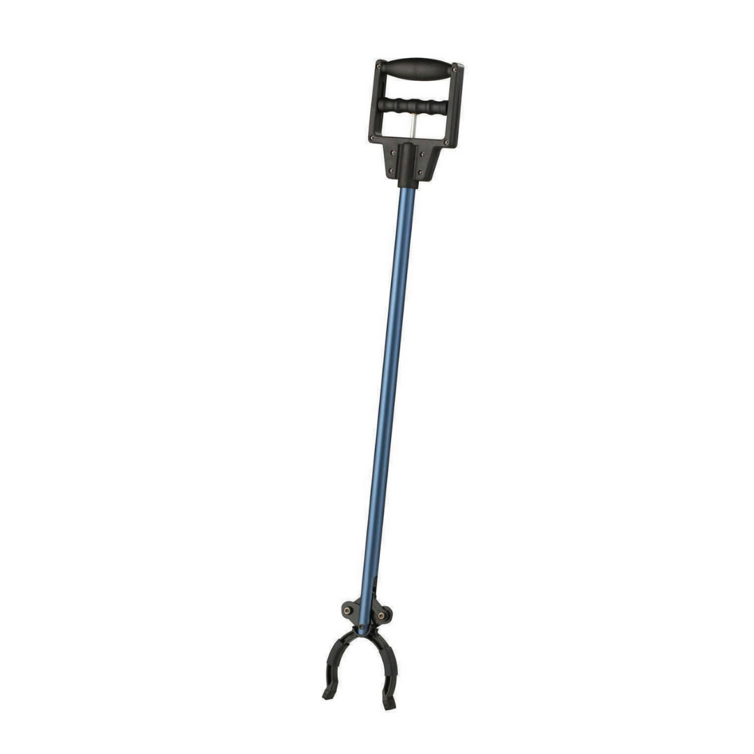 The Medline Reach, Grab and Go Kit for Caregivers is a blue and black ergonomic reacher grabber tool with a handle and claw grip, designed to help pick up objects without bending.