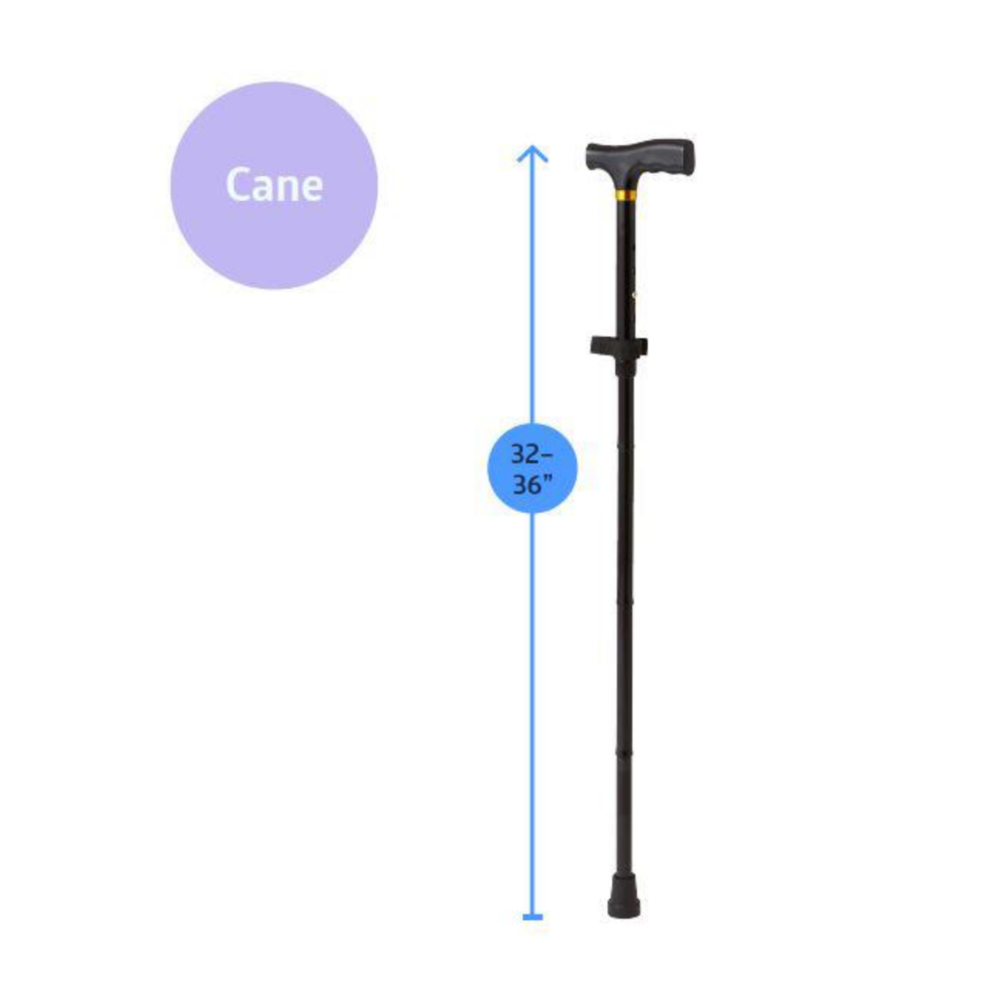 A Medline Reach, Grab and Go Kit for Caregivers stands upright with a T-shaped handle. A blue arrow shows its adjustable height of 32–36 inches. A purple Cane circle at the top left highlights this essential mobility aid.