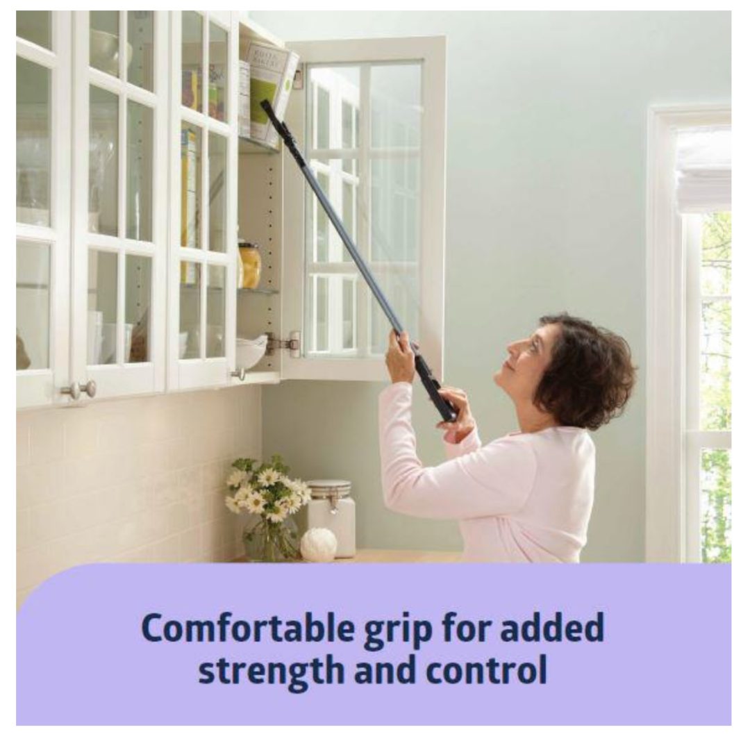 A woman uses the Medline Reach, Grab and Go Kit for Caregivers to retrieve an item from a high kitchen cabinet. Text reads: Comfortable grip for strength and control—an essential addition to your mobility aids.