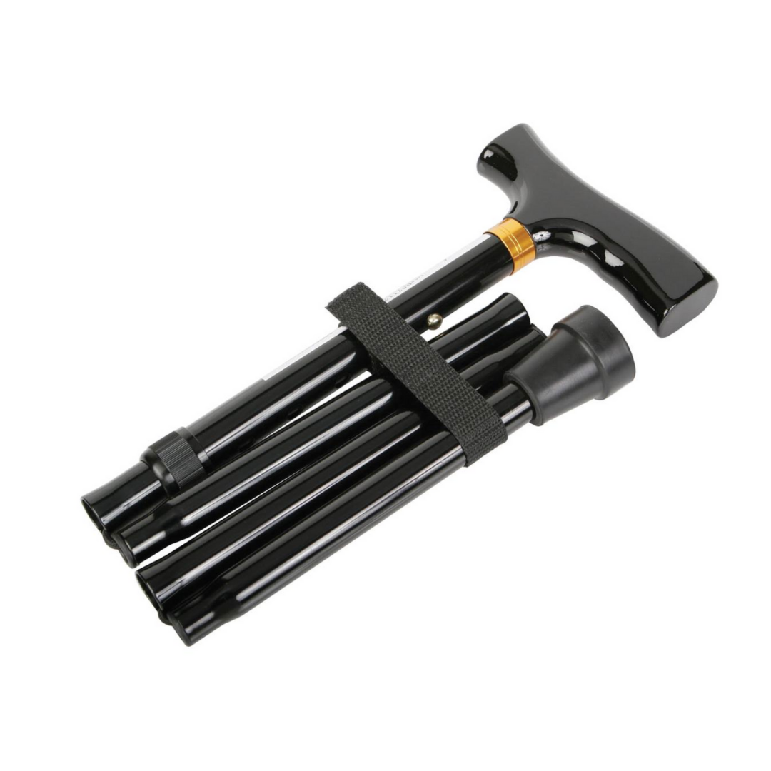The Medline Reach, Grab and Go Kit for Caregivers is a foldable black walking cane with a curved handle, secured by a black strap—an essential addition to your mobility aids collection.