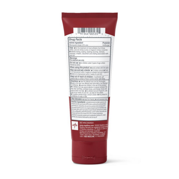 The image shows the back of a Medline Remedy Clinical Antifungal Cream 4 oz tube, featuring a white label with drug facts, instructions, and warnings for treating athletes foot and fungal infections. The closed cap is visible. Contains miconazole nitrate.