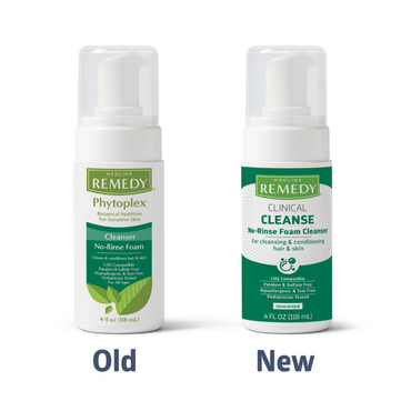 Two white bottles of Medline Remedy Clinical No-Rinse Foam Cleanser - Body Wash & Shampoo are shown side by side: the left is the older Phytoplex Cleanser, and the right is the new version with improved design and gentle, hypoallergenic no-rinse formula.