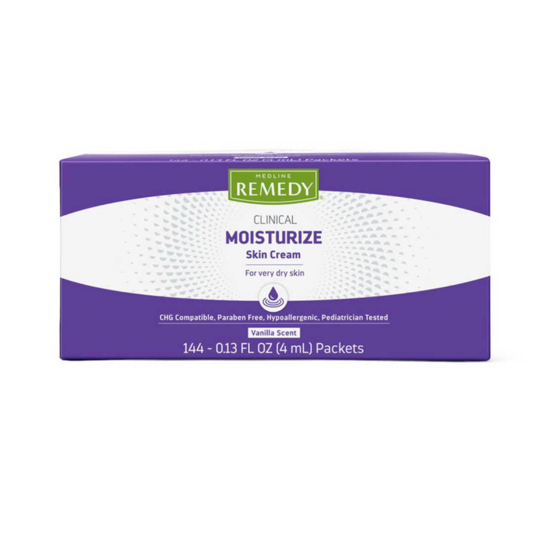 A purple and white box of Medline Remedy Clinical Skin Cream - Full Body Lotion contains 144 single-use 0.13 fl oz (4 mL) packets, offering vanilla-scented, long-lasting hydration for very dry skin.