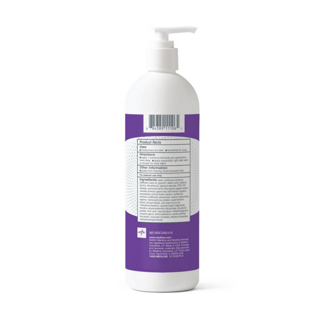 A white bottle with a pump dispenser features a purple label on the back displaying small text and a barcode near the top. The label includes Medline Remedy Clinical Skin Cream - Full Body Lotion product facts, directions, and more.
