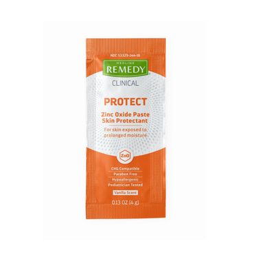 An orange and white packet labeled Medline Remedy Clinical Zinc Oxide Paste, a petrochemical-free, vanilla-scented skin protectant. Pediatrician-tested, hypoallergenic, safe for prolonged moisture exposure, and delivers long-lasting hydration.