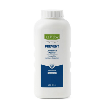 A white bottle of Medline Remedy Essentials Cornstarch Body Powder, 4 oz, talc-free and paraben-free with a fresh scent, designed as a skin protectant to soothe and absorb moisture.