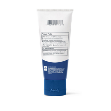 A blue and white Medline Remedy Essentials Moisturizing Ointment tube is shown from the back, featuring a barcode, product facts, directions, ingredients, and a medical cross symbol. Its blue cap faces downward on this fast-absorbing moisturizer.