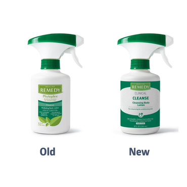 Two bottles of Medline Remedy Clinical Cleansing Body Lotion (8 oz spray), sulfate-free and no-rinse, in white bottles with green caps—one displaying the old, one the new design.