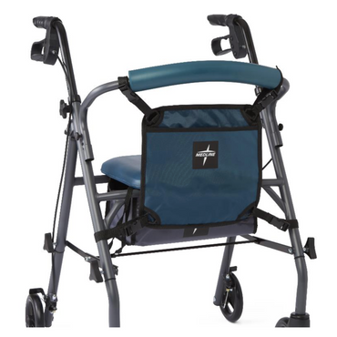The Medline Rollator is a blue and black mobility walker with a padded seat, backrest, ergonomic handles, brake levers, and four wheels. It features an easily accessible durable nylon hanging storage pouch marked with the logo.