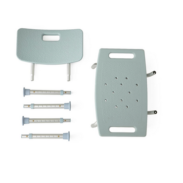 The dismantled Medline Shower Chair, in grey, features a textured seat and backrest with adjustable legs and suction grip feet. Pre-drilled holes allow for drainage, while built-in handles on the seat and backrest facilitate transport. The chair includes antimicrobial protection for safety.
