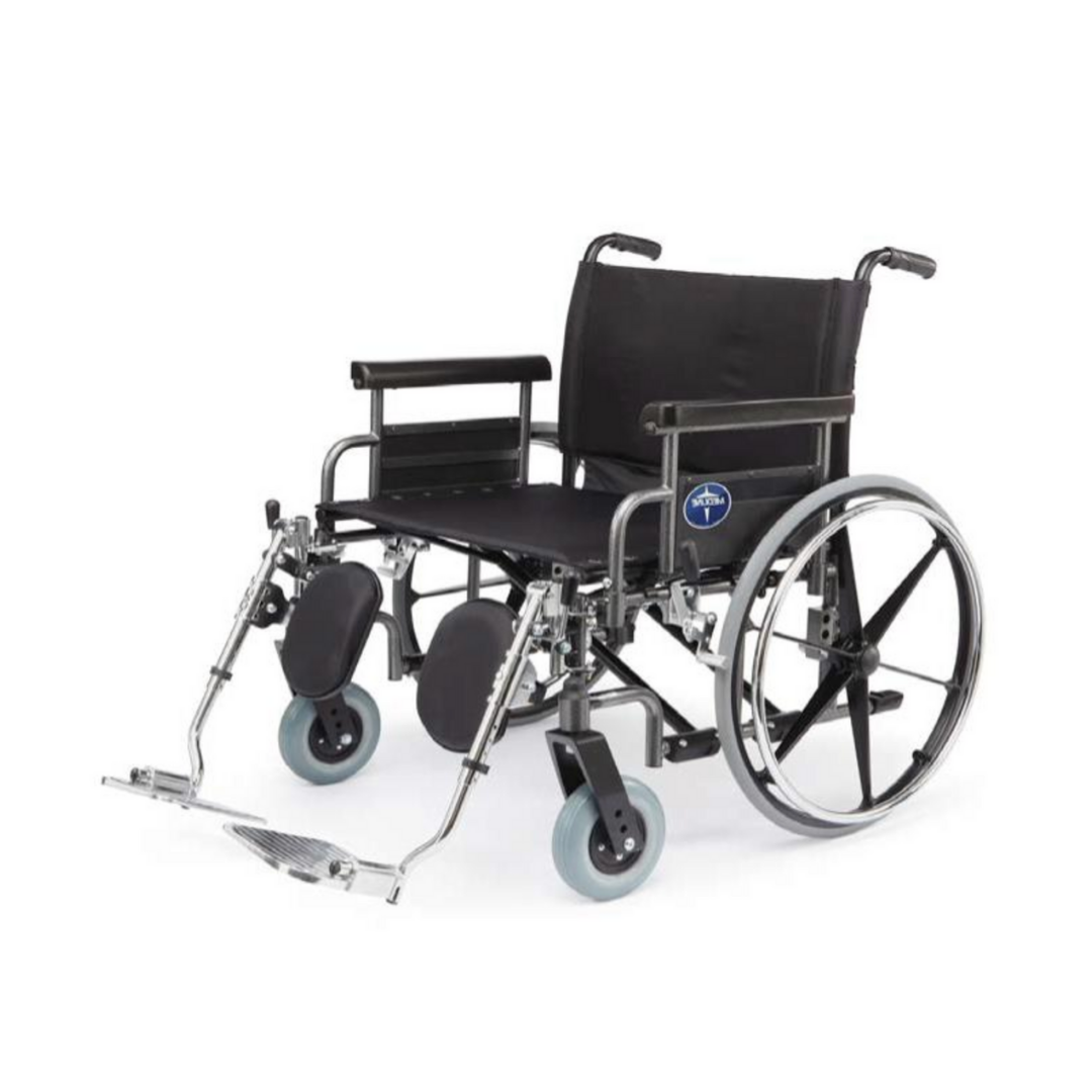 The Medline Shuttle Extra-Wide Bariatric Wheelchair features large rear wheels, small front wheels, armrests, footrests, and a black seat and backrest, shown against a plain white background.