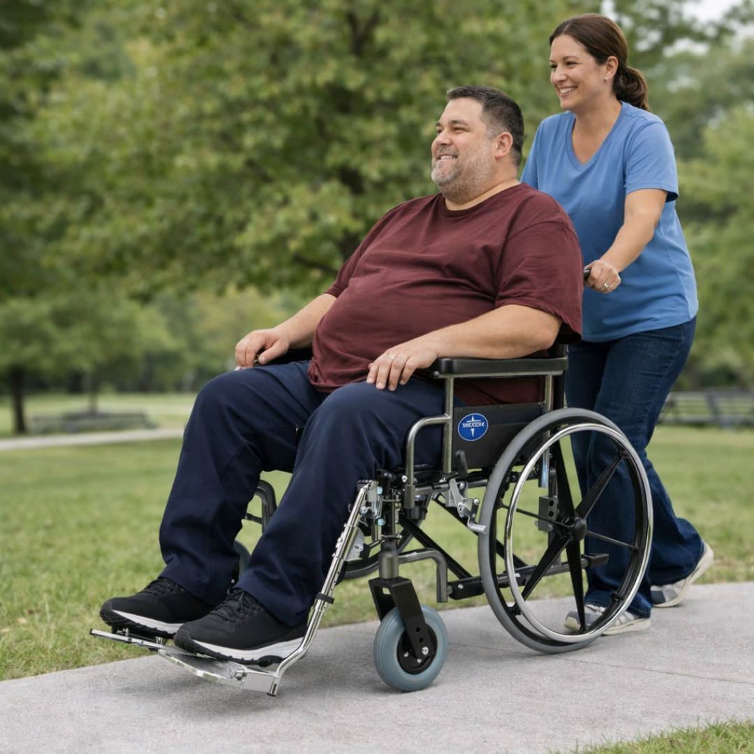 A smiling woman in blue pushes a man wearing a red shirt and navy pants in a Medline Shuttle Extra-Wide Bariatric Wheelchair along a park path, surrounded by trees and green grass.