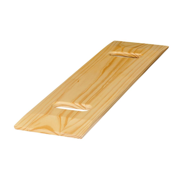 The Medline Standard Wooden Transfer Board, made of light-colored rubber wood with built-in handles on each side, is designed for patient transfers and shown diagonally against a white background.