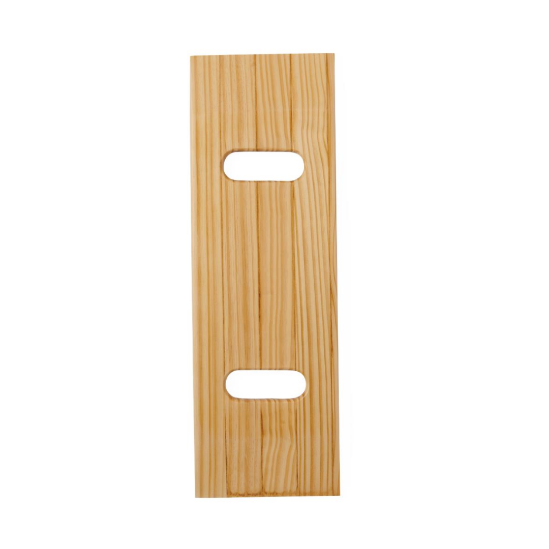 The Medline Standard Wooden Transfer Board is made from durable rubber wood and features two elongated oval cut-out handles for easy patient transfers, all set against a white background. Reliable weight capacity ensures safe and efficient use.