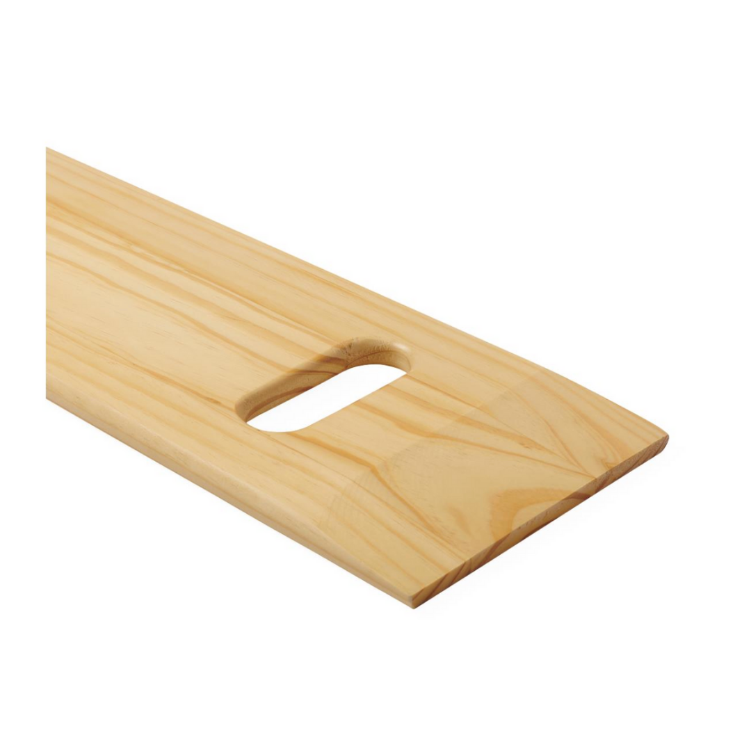 A close-up of a Medline Standard Wooden Transfer Board made of light-colored rubber wood with a smooth finish and an oval-shaped cutout handle near one end, set against a plain white background.