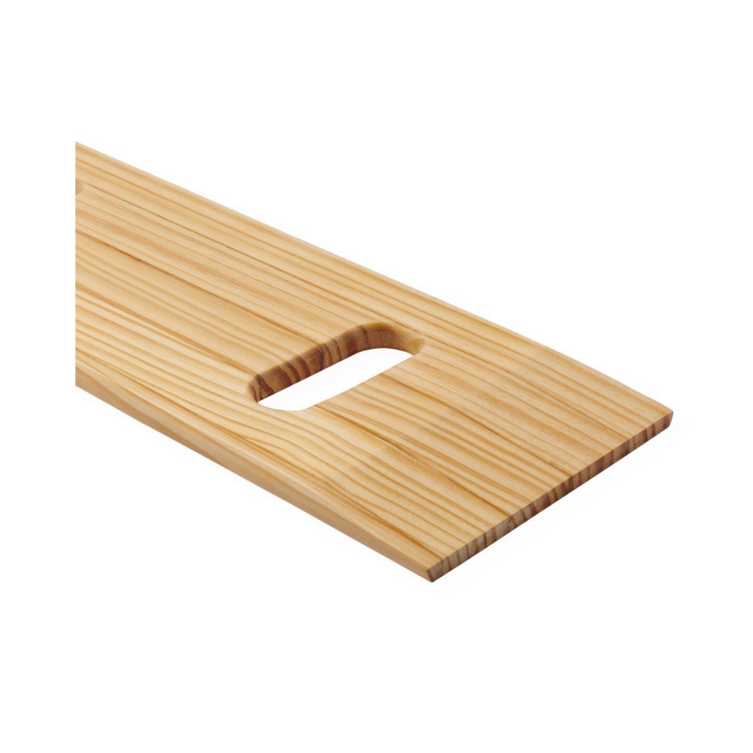 The Medline Standard Wooden Transfer Board, made of rubber wood with a smooth finish and a rectangular cutout handle near one end, is shown on a white background.