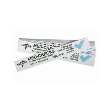 Three Medline Steam Indicator Strips - Class 4 are stacked, each white strip features text stating it turns black after steam processing. A blue check mark appears on every sterilization indicator strip.