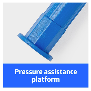 A close-up of a blue Medline Sterile Biopsy Punch with a flat circular end above a blue box labeled "Pressure assistance platform" in white letters.