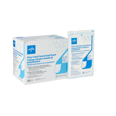 A box and a single package of Medline Sterile Fenestrated Disposable Drapes, shown in white packaging with blue accents, display the product name, details, and illustrations.
