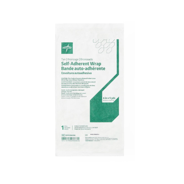 A package of Medline Sterile Self-Adherent Latex Wrap in tan, with trilingual (English, Spanish, French) labeling and a green design—an ideal self-adherent latex wrap alternative.