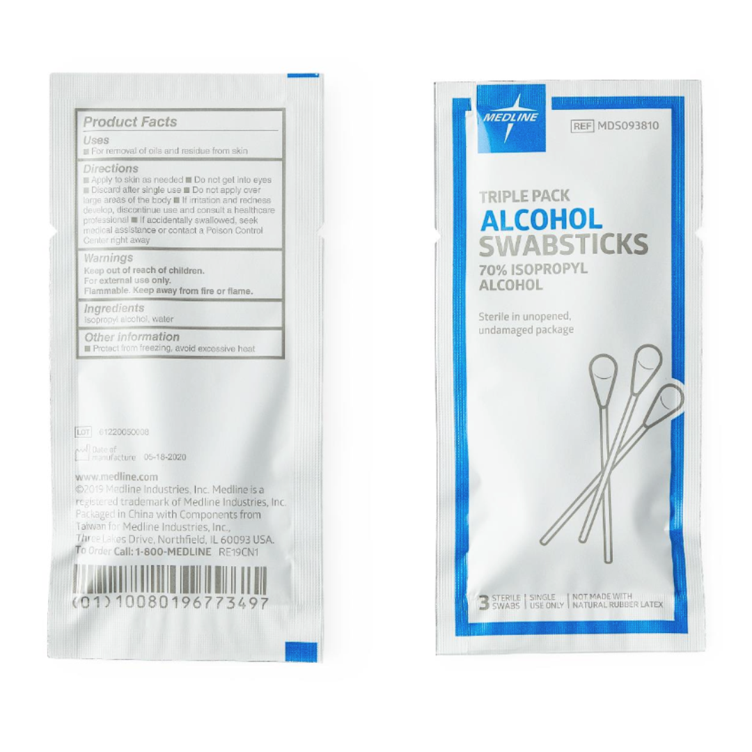 Front and back of a Medline Sterile Triple-Pack Alcohol Swabsticks: one side shows product info and barcode; the other displays three illustrated sterile swabsticks with "70% isopropyl alcohol" text.