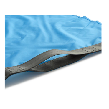 Close-up of the Medline Transfer Sheet for Bariatric Patients: blue fabric with a reinforced grey handle made from friction-reducing material for smoother lateral transfers, shown on a white background.