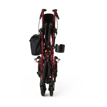 The Medline Translator Combination Rollator/Transport Chair, shown folded from the front, is a versatile 2-in-1 mobility solution. It includes small black wheels, attached black accessories, and a convenient side storage bag.