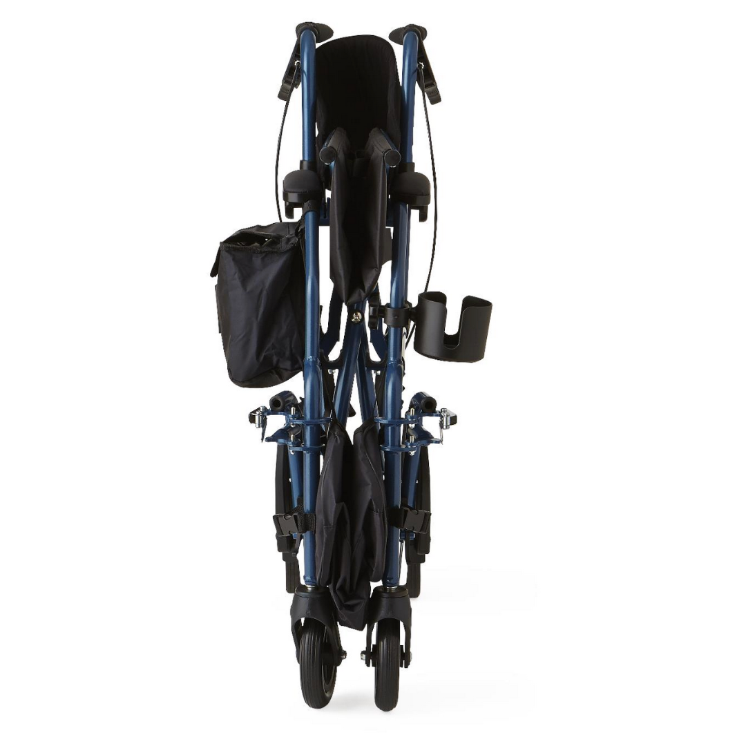 The Medline Translator Combination Rollator/Transport Chair combines a folded blue walker with a black fabric seat, storage bag, and cup holder on four wheels for an efficient 2-in-1 mobility solution.