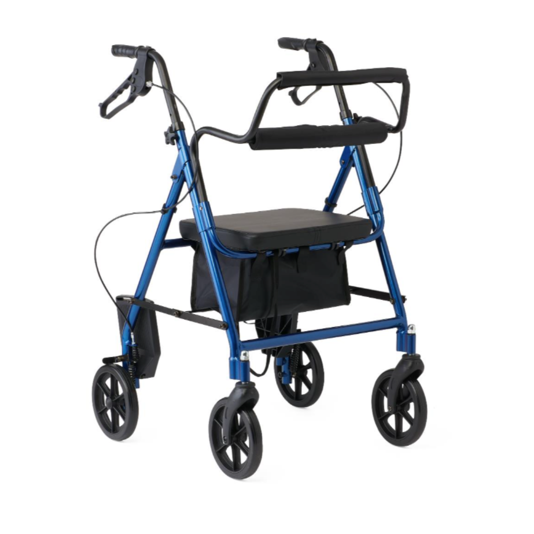 The Medline Translator Hybrid Transport Chair and Rollator is a blue four-wheeled walker with hand brakes, padded seat, backrest, and black storage pouch under the seat, offering a versatile 2-in-1 mobility solution for comfort and support.