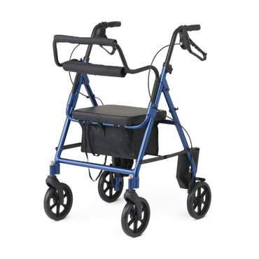 The Medline Translator Hybrid Transport Chair and Rollator is a blue, four-wheeled mobility aid with black handles, a padded seat, storage pouch, hand brakes, and curved back support for comfort and safety.