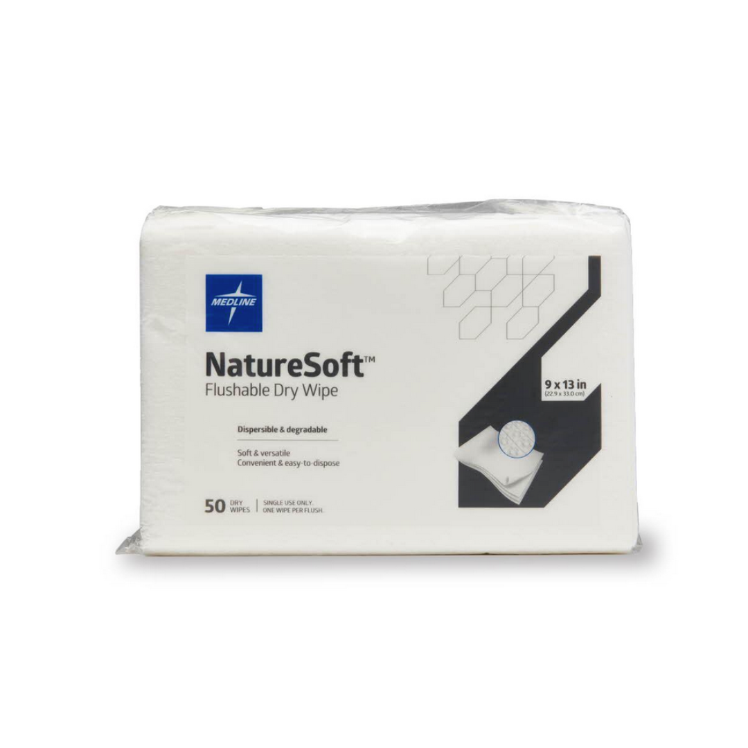 A package of Medline Ultrasoft Disposable Dry Cleansing Cloths includes 50 fragrance-free, 9 x 13 inch wipes. These soft, gentle wipes are ideal for sensitive skin, versatile for incontinence care, and easy to dispose of.