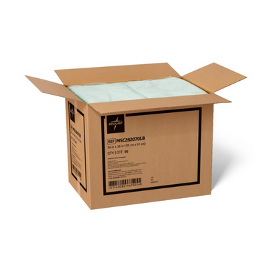An open large cardboard box reveals neatly packed green Medline Disposable Fluff and Polymer Underpads - Heavy Absorbency, with labels and barcodes on the side showing product details and dimensions. The background is plain white.
