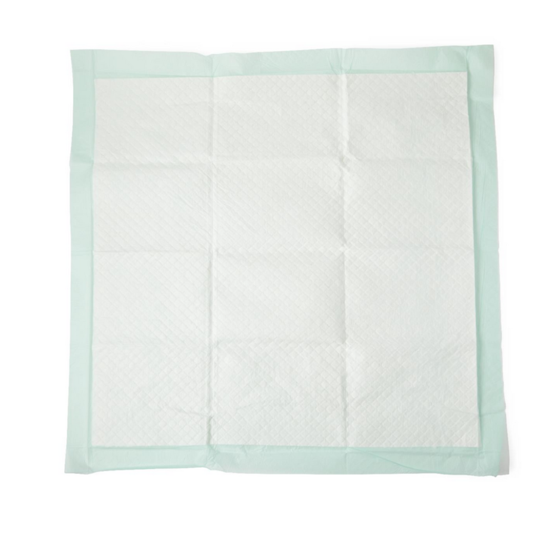 The Medline Disposable Fluff and Polymer Underpads - Heavy Absorbency features a quilted white absorbent center with a pale green border, providing excellent absorbency and moisture protection. The underpad lies flat and unfolded, displaying its grid pattern surface.