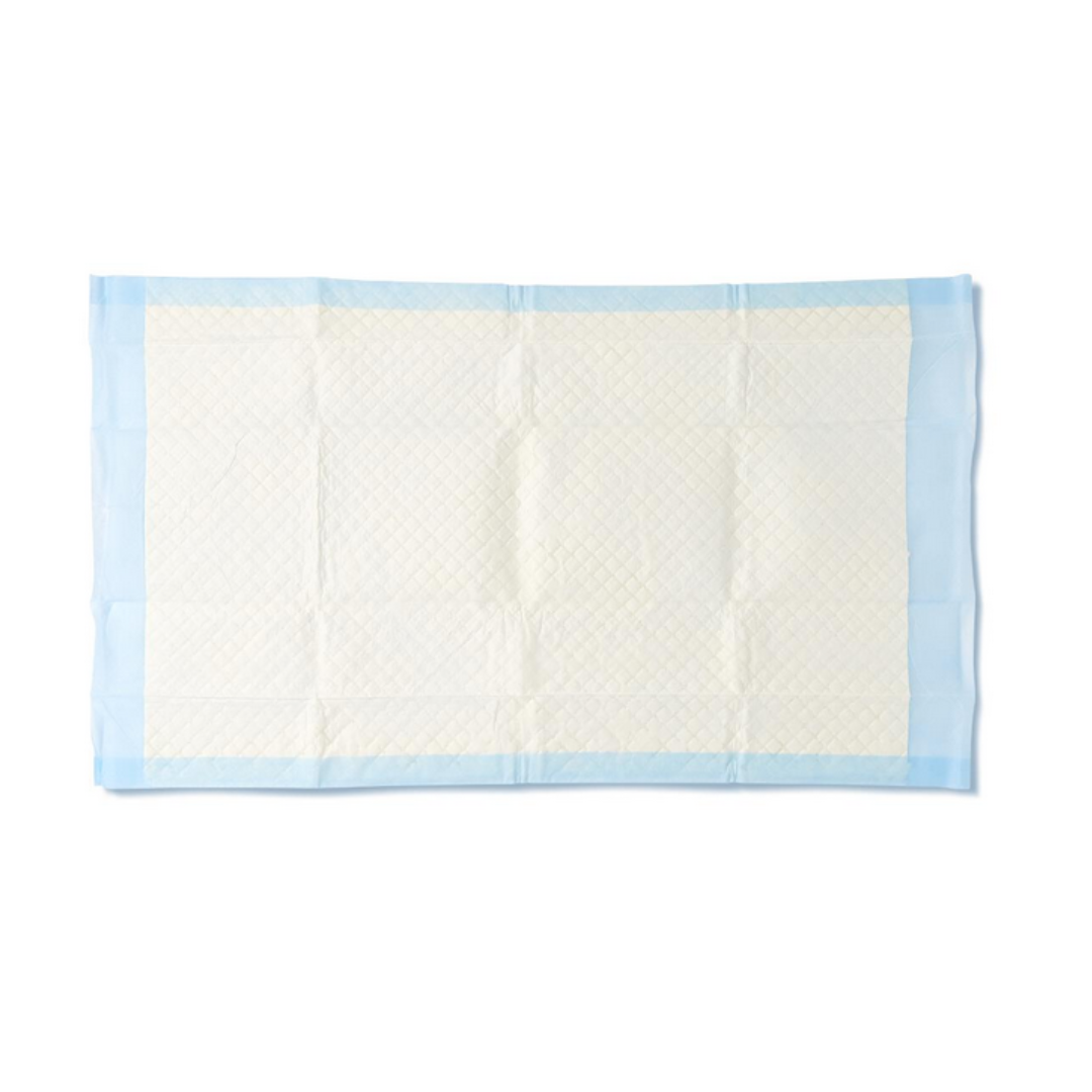The Medline Disposable Fluff and Polymer Underpads, designed for heavy absorbency, feature a rectangular quilted texture with a white center and blue edge, offering superior moisture protection.