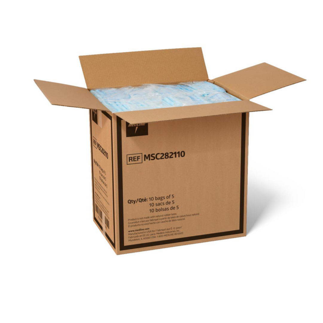 Open box of Medline Disposable Fluff and Polymer Underpads, Heavy Absorbency, MSC282110, including 10 bags each with 5 underpads.