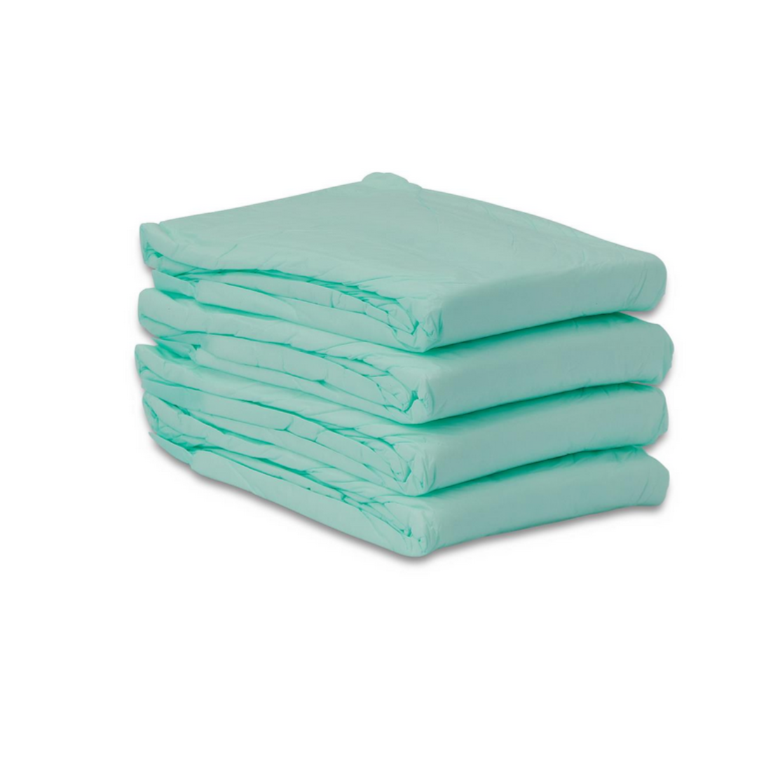 Four neatly stacked Medline Disposable Fluff and Polymer Underpads in green, known for their heavy absorbency, offer moisture protection against a white backdrop.