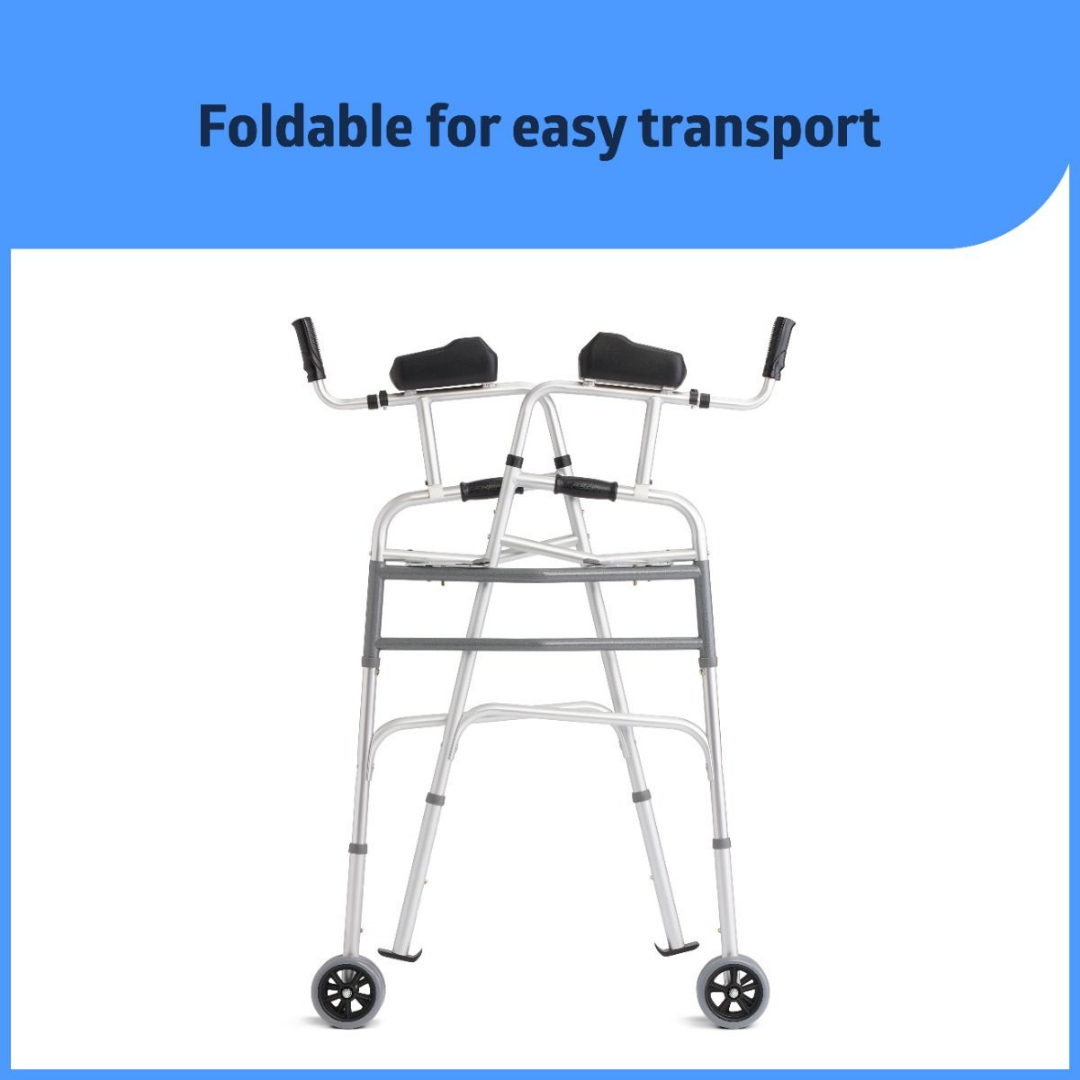 The Medline Upright Folding Walker with Wheels is shown folded, featuring a lightweight aluminum frame and padded forearm platforms. Blue text above reads, Foldable for easy transport, highlighting its portability.
