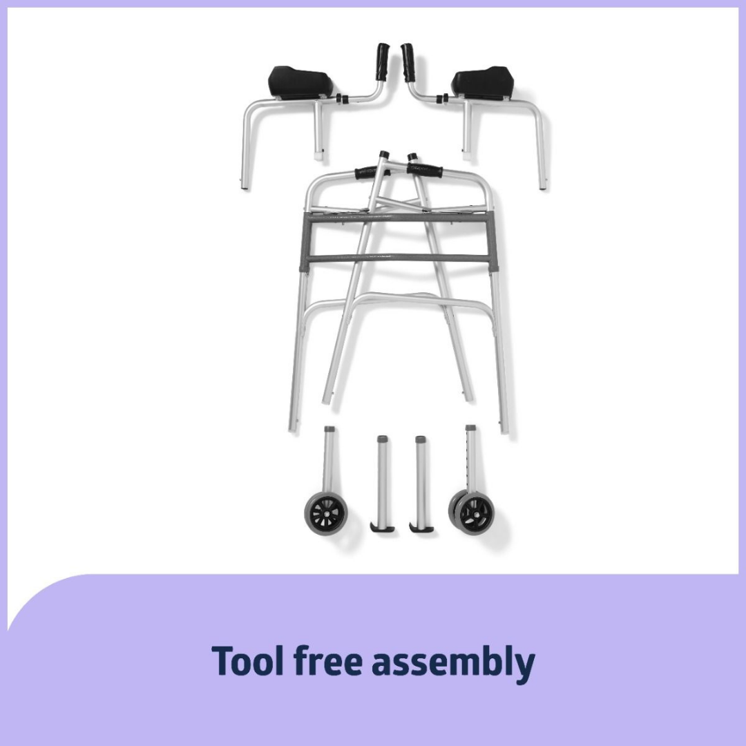 Parts of the Medline Upright Folding Walker with Wheels—including handles, lightweight aluminum frame, and wheels—are shown on a white background above the text “Tool free assembly.”.