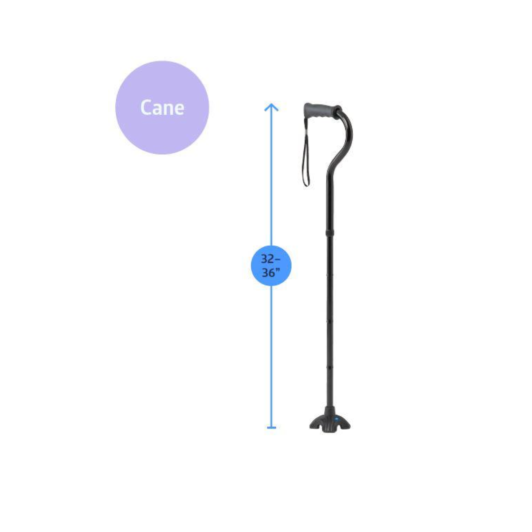 A black folding hybrid cane with an ergonomic handle and wrist strap stands upright beside a blue arrow showing its 32–36 inch adjustable height. A purple circle above labels it as part of the Medline Walk Steady Kit for Caregivers bundle.