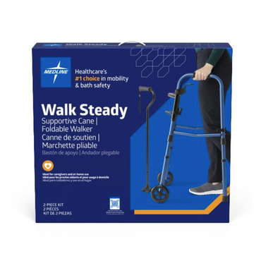 A Medline Walk Steady Kit for Caregivers box features a foldable walker and hybrid cane in use, with packaging describing this mobility bundle’s bath safety benefits in English, French, and Spanish.