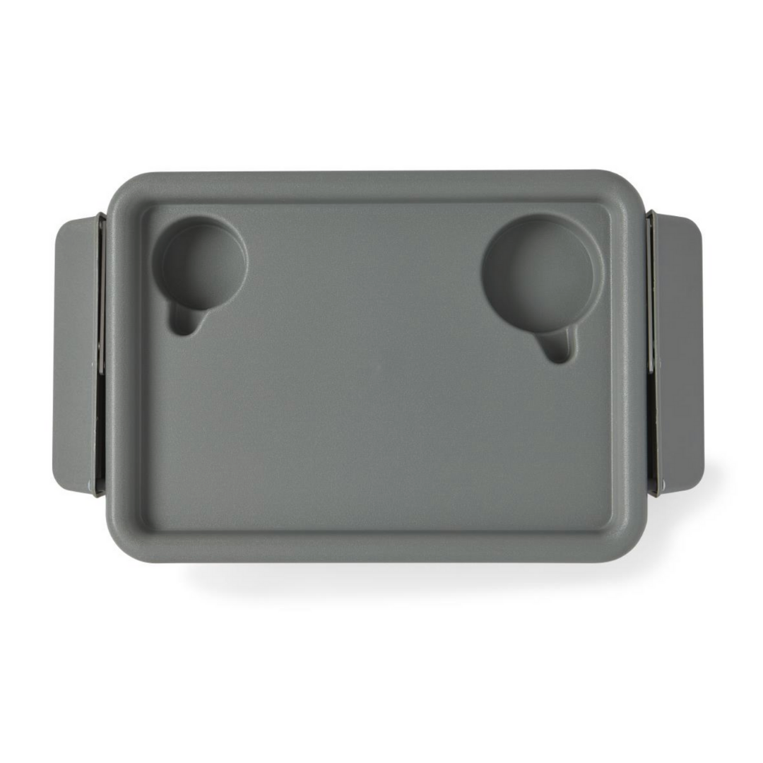 The Medline Folding Walker Tray is a rectangular gray tray with raised edges, two cup holder slots, and extended side handles—ideal for convenient use as a walker tray or with other walker accessories.